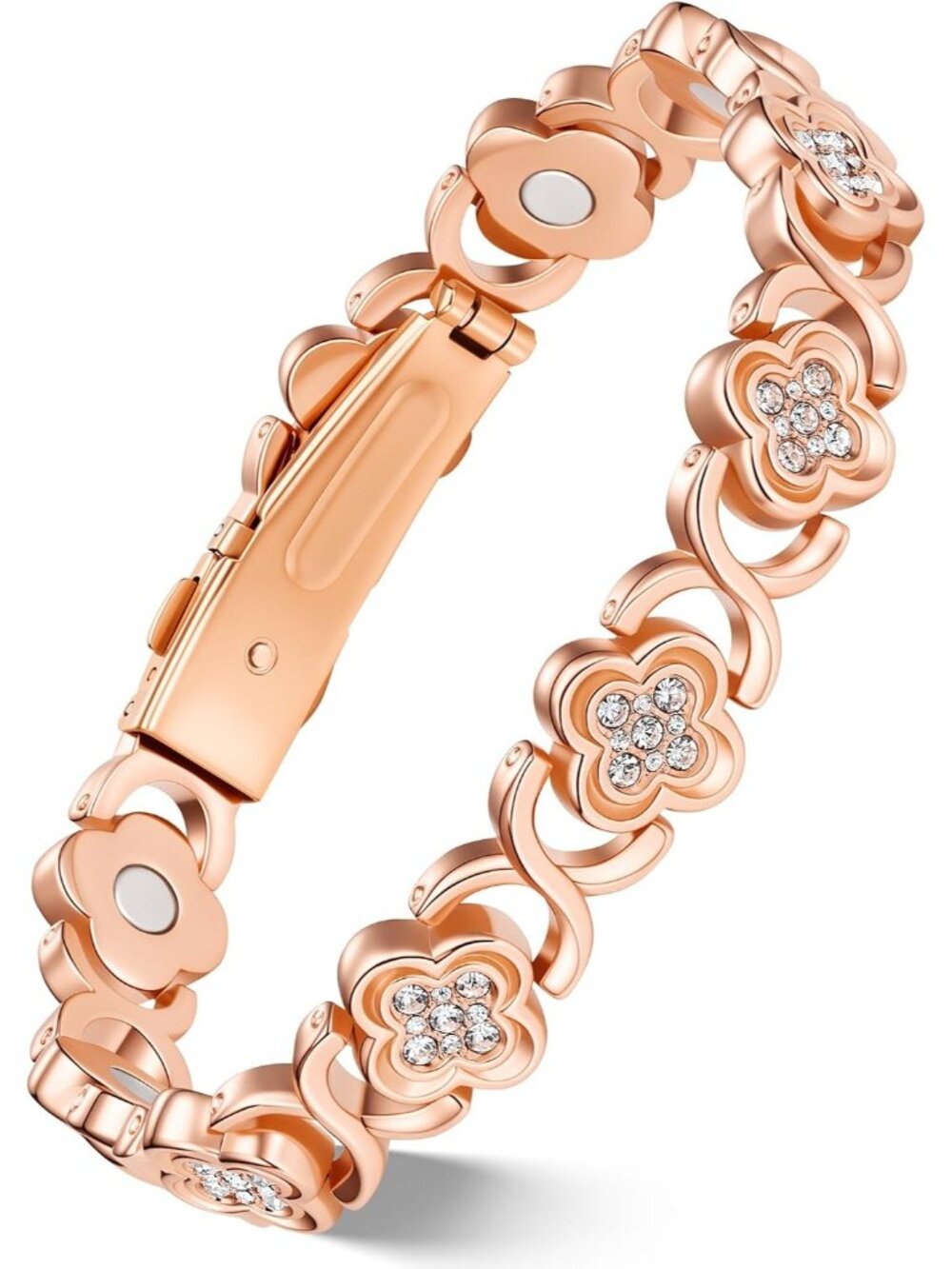 Women's Rose Gold Sparkling Clover Copper Magnetic Bracelet Jewelry